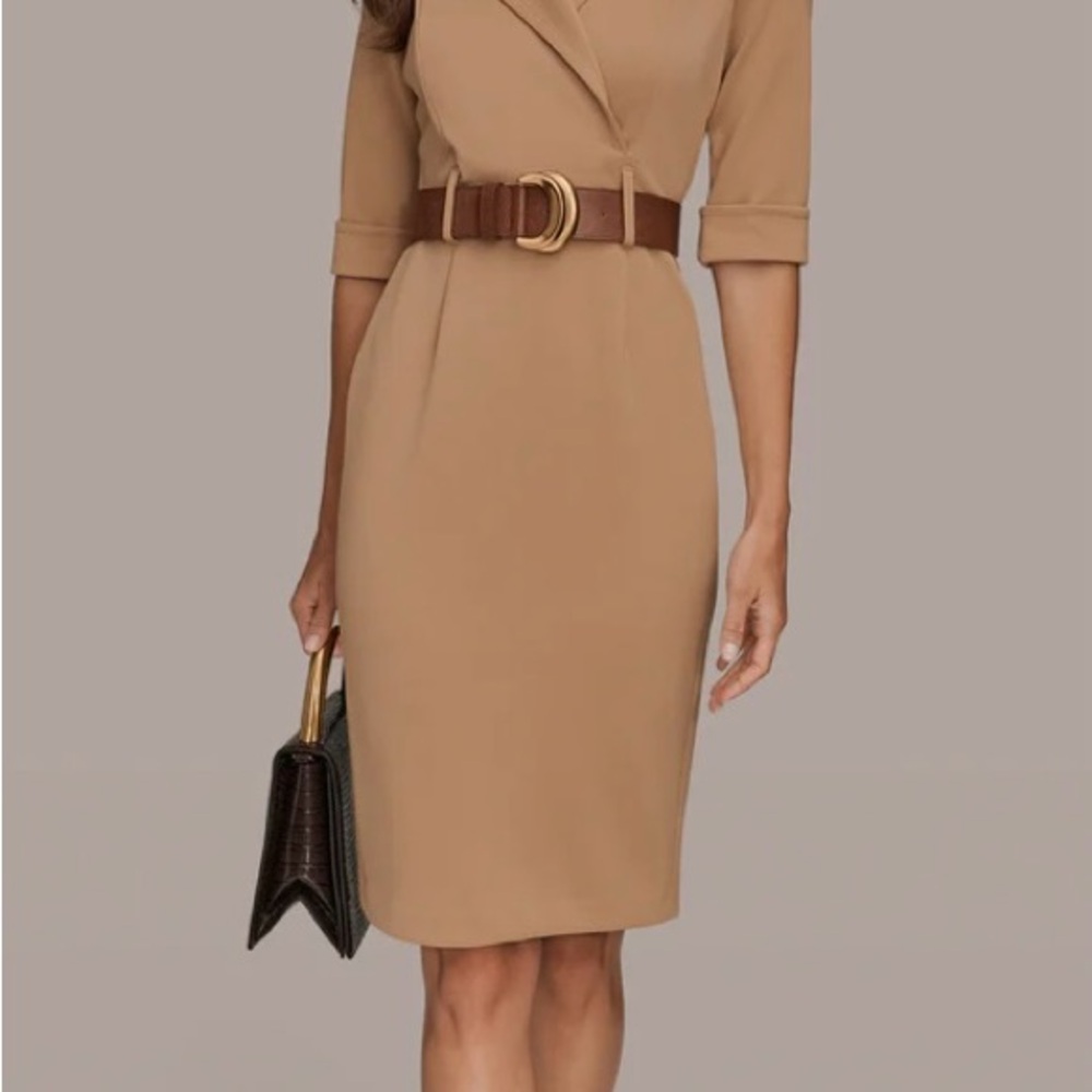 Elegant Tan Belted Blazer Dress